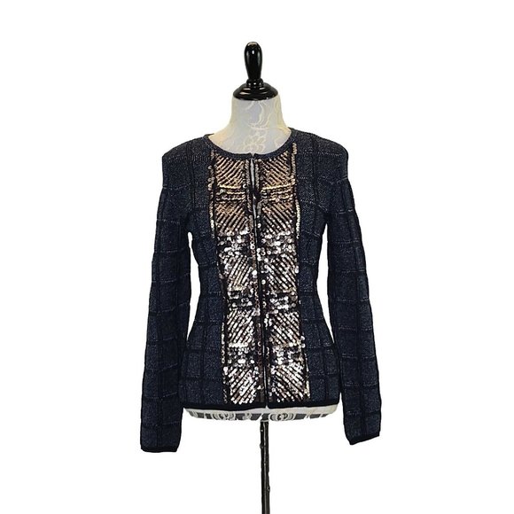 Escada Midnight Blue Knit CardiganBronze Sequin Front MED Textured NEW $2095